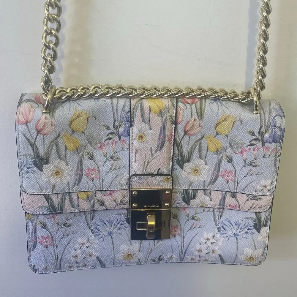 Aldo Crossbody Bag Purse Faux Leather Floral Turn Lock Rose Gold Metal Retro Y2k